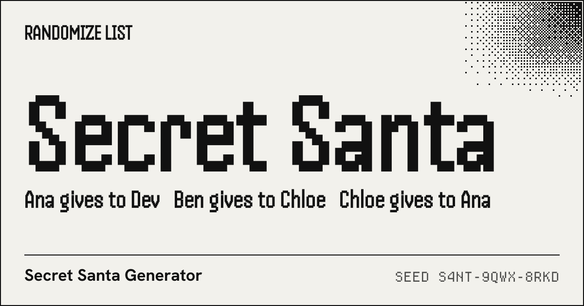 A Secret Santa draw for a sample list of 8 names, with a couple, a household and last year’s pair kept apart